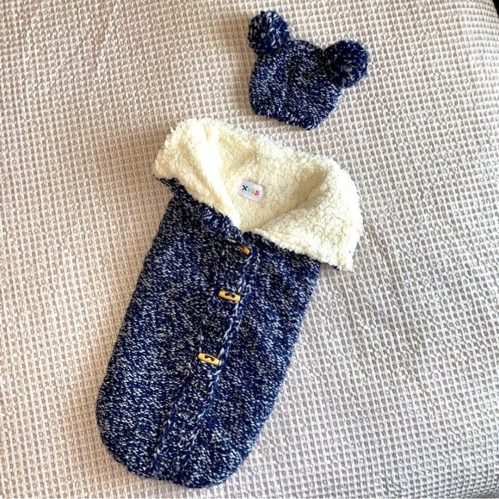 Baby winter swaddle with matching Pom Pom hat